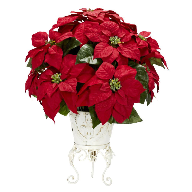 Poinsettia w/Metal Planter Silk Flower Arrangement Default Title