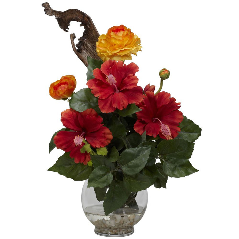 Hibiscus & Ranunculus w/Fluted Bowl Silk Flower Arrangement Default Title