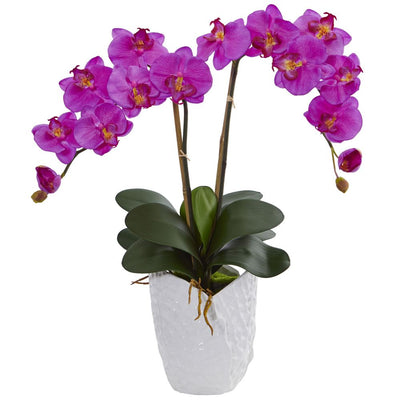 Double Phalaenopsis Orchid Artificial Arrangement in White Vase Default Title