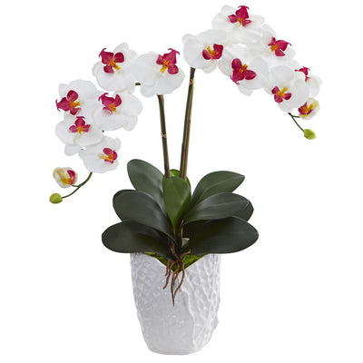 Double Phalaenopsis Orchid Artificial Arrangement in White Vase Default Title