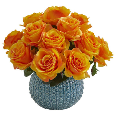 11.5’’ Rose Artificial Arrangement in Blue Ceramic Vase Default Title