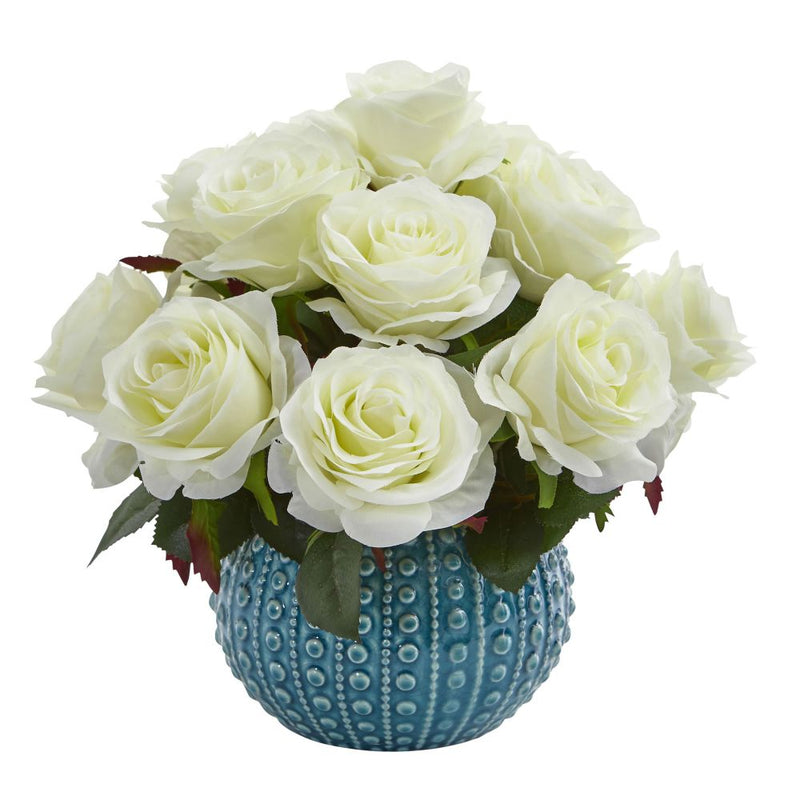 11.5’’ Rose Artificial Arrangement in Blue Ceramic Vase Default Title