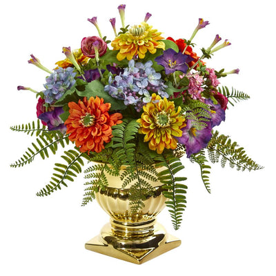 14’’ Mixed Floral Artificial Arrangement in Gold Urn Default Title