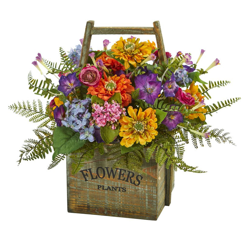 Mixed Floral Artificial Arrangement in Wood Basket Default Title