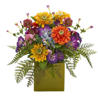 Mixed Floral Artificial Arrangement in Green Vase Default Title