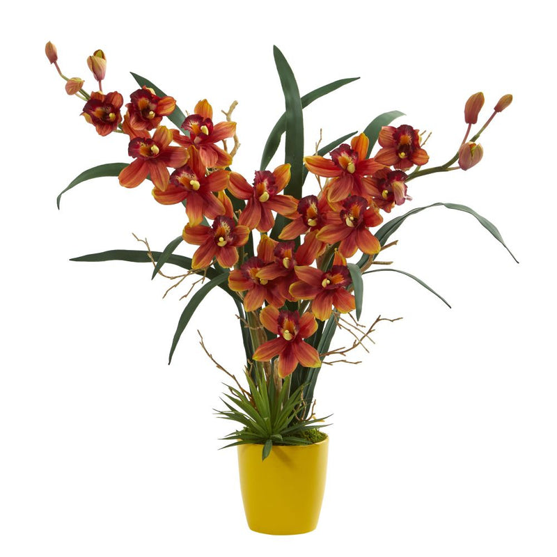 Cymbidium Orchid Artificial Arrangement in Yellow Vase Default Title