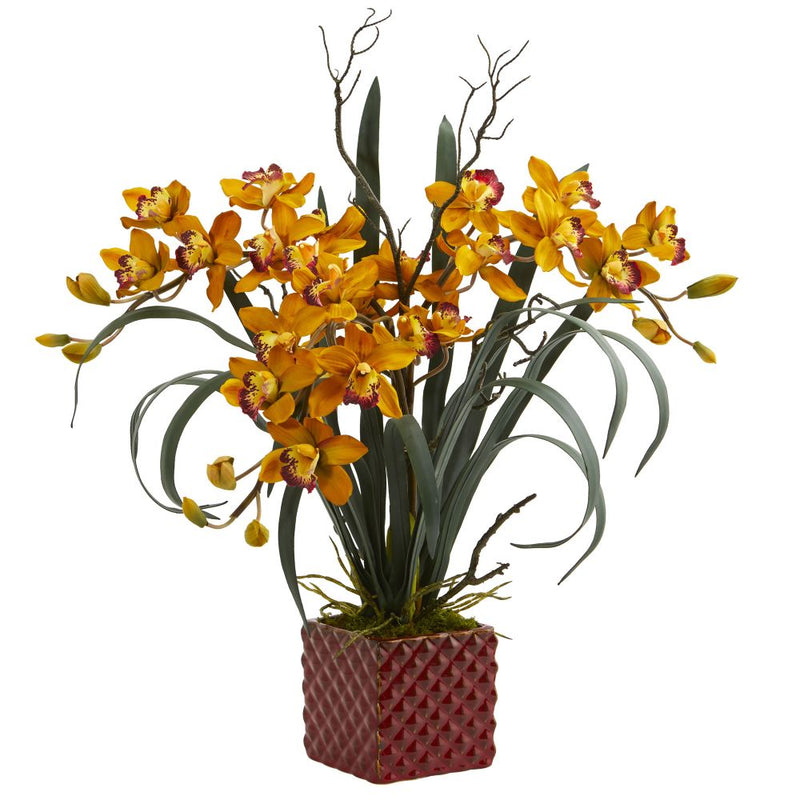 29" Cymbidium Orchid Artificial Arrangement in Red Vase Default Title