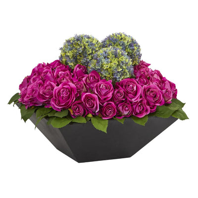 Roses and Ball Flowers Artificial Arrangement in Black Vase Default Title