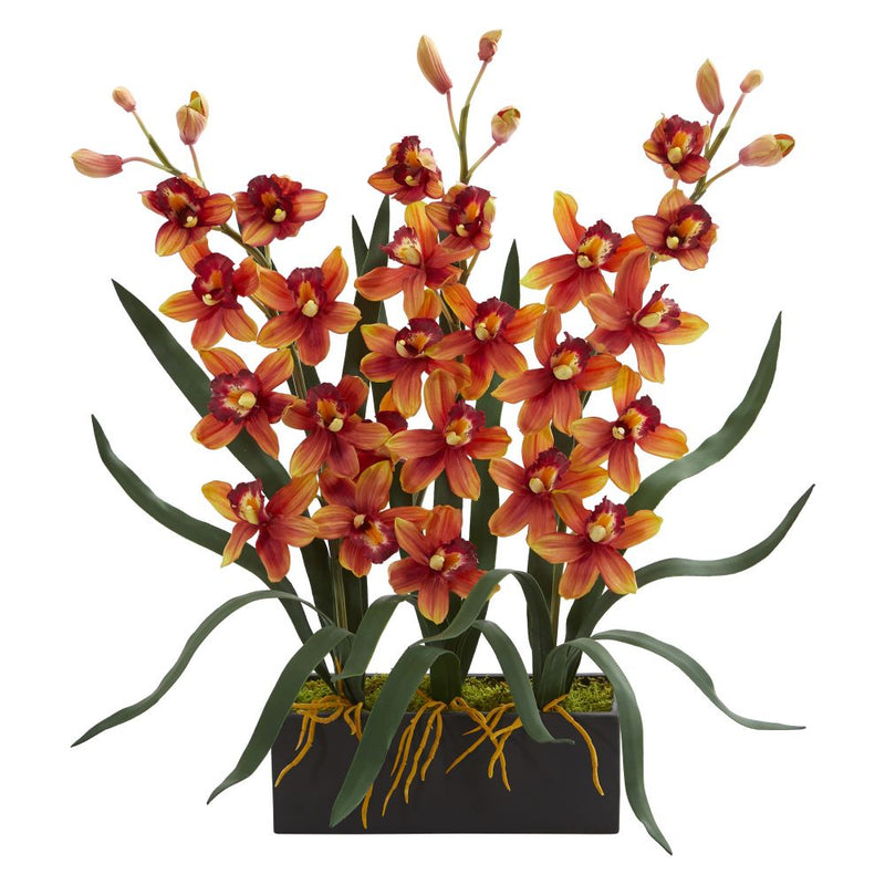 Cymbidium Orchid Artificial Arrangement in Black Vase Default Title