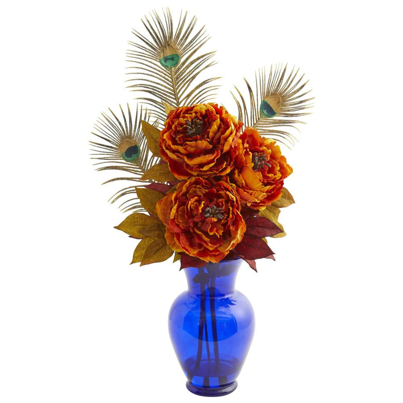 Peony in Blue Vase Artificial Arrangement Default Title