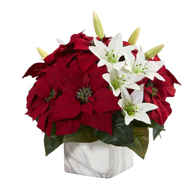 Poinsettia & Lily Artificial Arrangement in Marble Vase Default Title