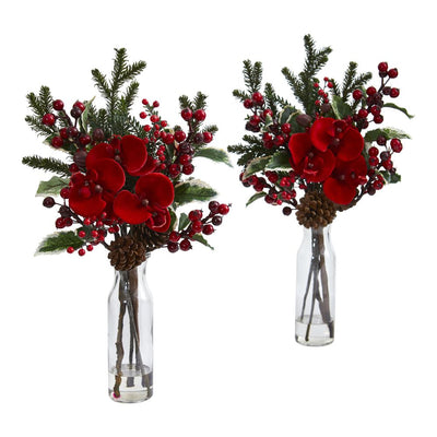 Holly Berry and Orchid Artificial Arrangement in Vase (Set of 2) Default Title