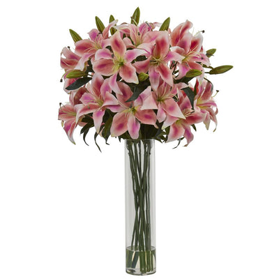 Rubrum Lily Artificial Arrangement in Cylinder Vase Default Title