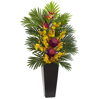 Tropical Floral & Orchid Artificial Arrangement in Black Vase Default Title