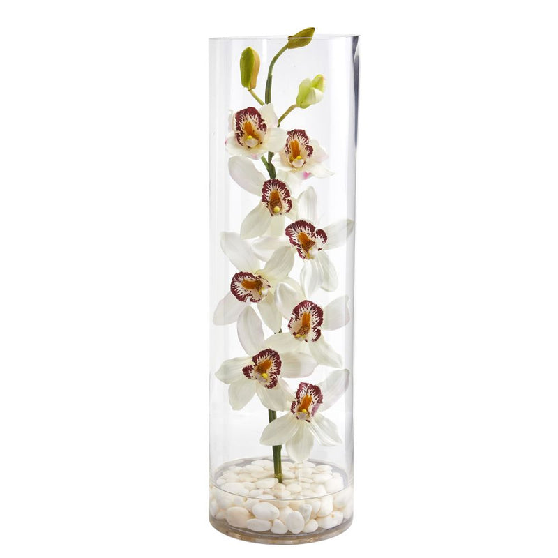 Cymbidium Orchid Artificial Arrangement in Tall Cylinder Vase Default Title