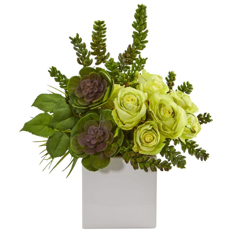 14” Rose & Succulent Artificial Arrangement in White Vase Default Title