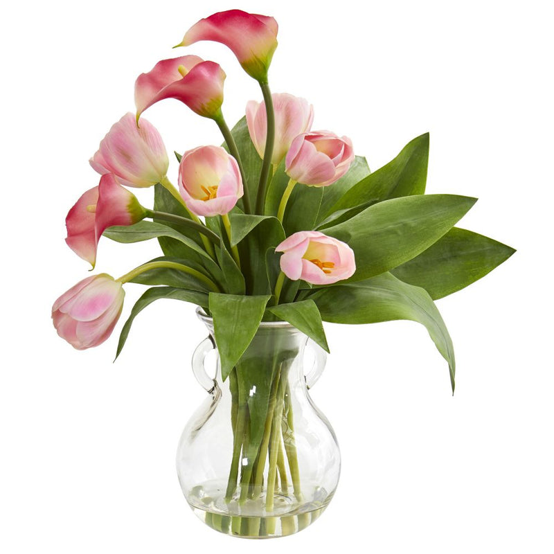 Calla Lily & Tulips Artificial Arrangement in Decorative Vase Default Title