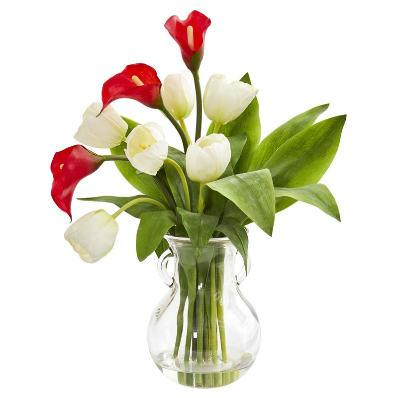 Calla Lily & Tulips Artificial Arrangement in Decorative Vase Default Title