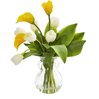 Calla Lily & Tulips Artificial Arrangement in Decorative Vase Default Title