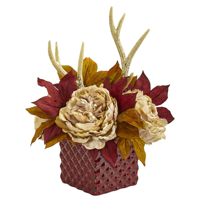 Peony and Antlers Artificial Arrangement in Red Vase Default Title