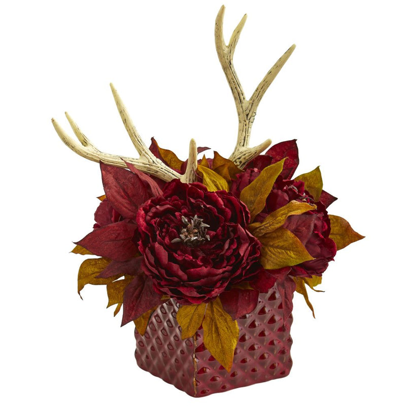 Peony and Antlers Artificial Arrangement in Red Vase Default Title