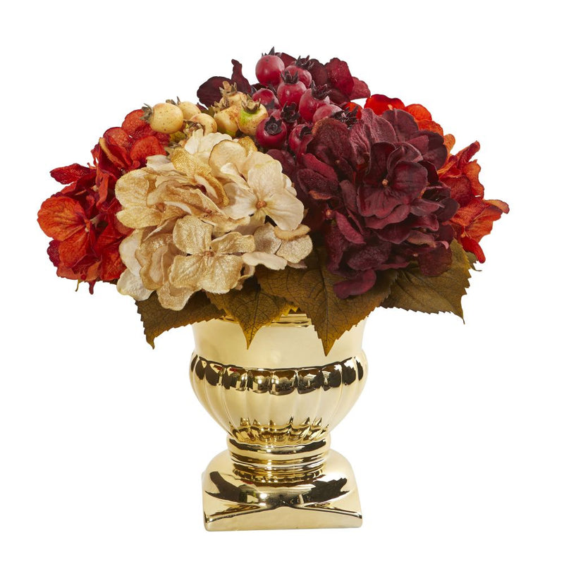 Hydrangea Berry Artificial Arrangement in Gold Urn Default Title