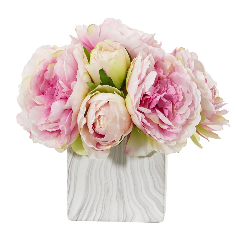 Peony Artificial Arrangement in Marble Finished Vase Default Title