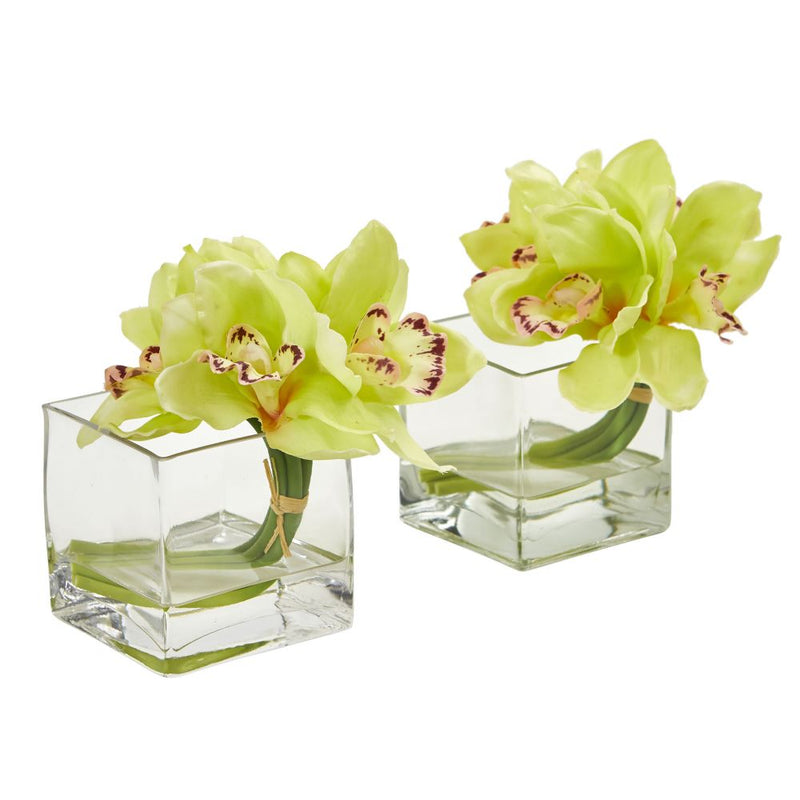 Cymbidium Orchid Artificial Arrangement in Glass Vase (Set of 2) Default Title