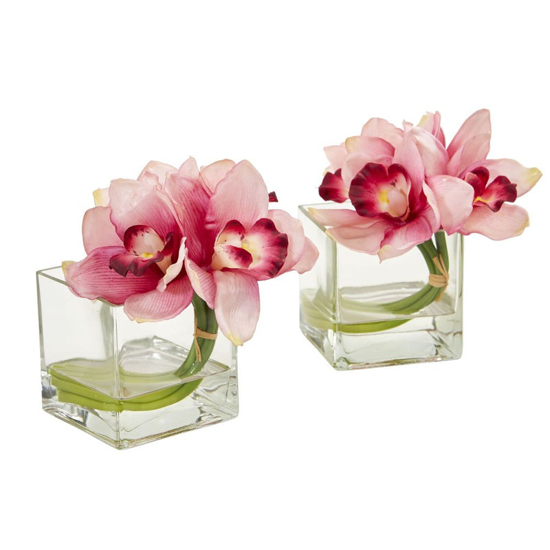 Cymbidium Orchid Artificial Arrangement in Glass Vase (Set of 2) Default Title