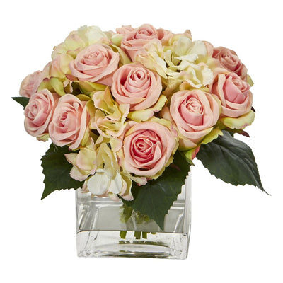 Rose and Hydrangea Bouquet Artificial Arrangement in Vase Default Title