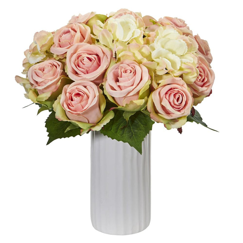 Rose and Hydrangea Artificial Arrangement in White Vase Default Title