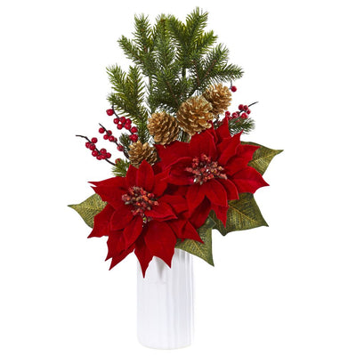 Poinsettia Berry Artificial Arrangement in White Vase Default Title