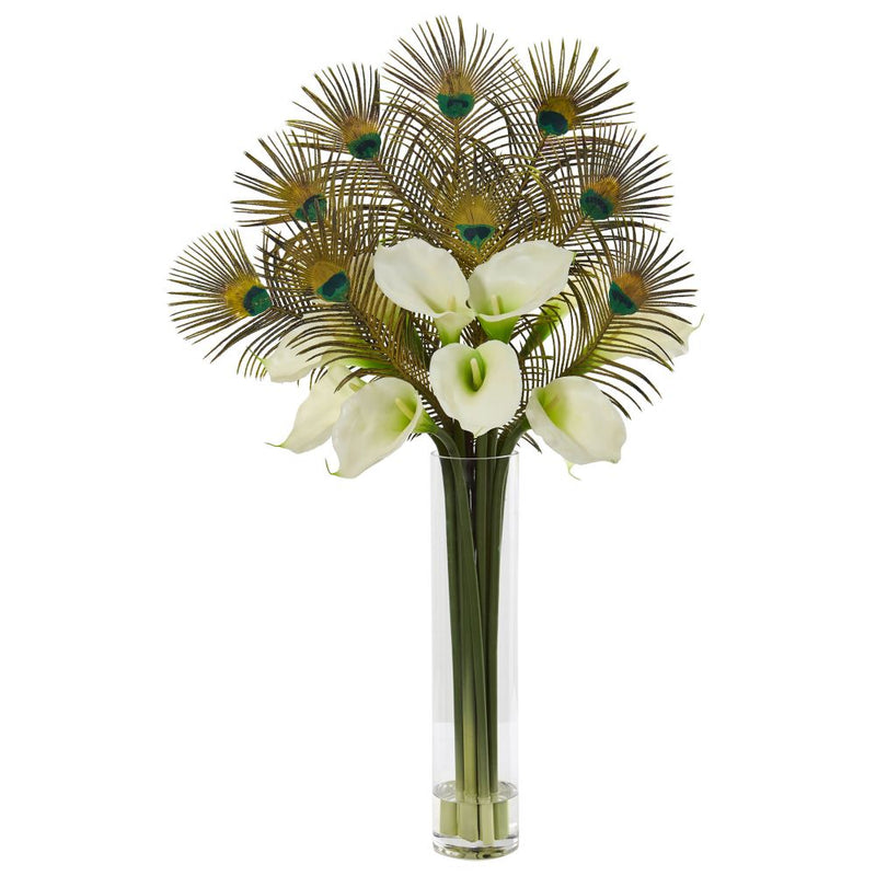 36” Peacock and Calla Lily Artificial Arrangement in Cylinder Glass Default Title