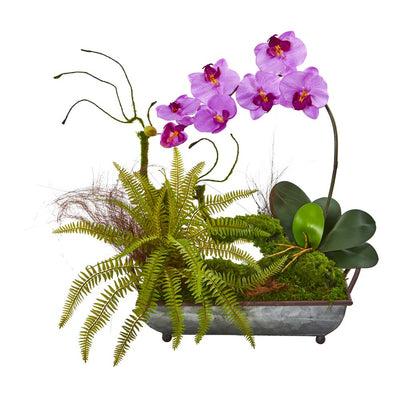 Phelaenopsis Orchid and Fern Artificial Arrangement in Metal Tray Default Title