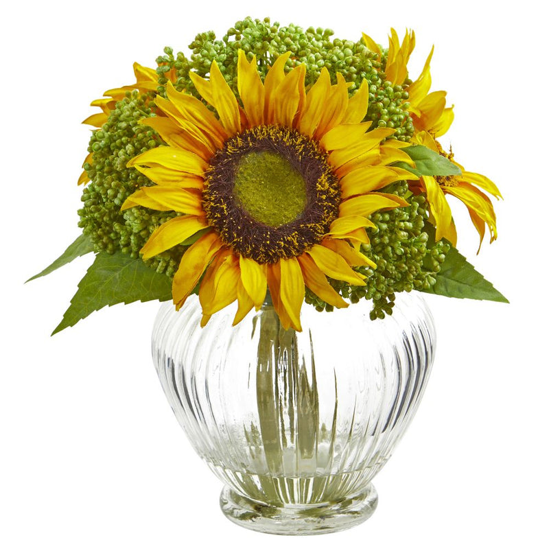 Sunflower Artificial Arrangement in Ribbed Glass Vase Default Title