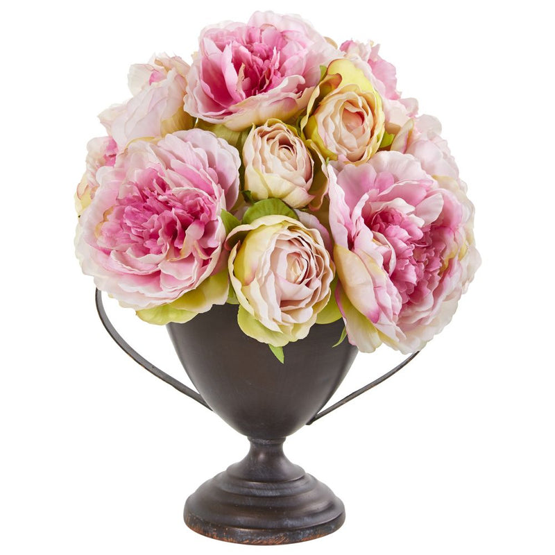 11” Peony Artificial Arrangement in Metal Goblet Default Title