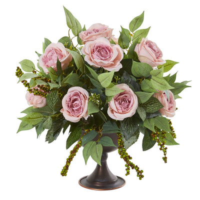 Roses and Mix Greens Artificial Arrangement in Metal Chalice Default Title