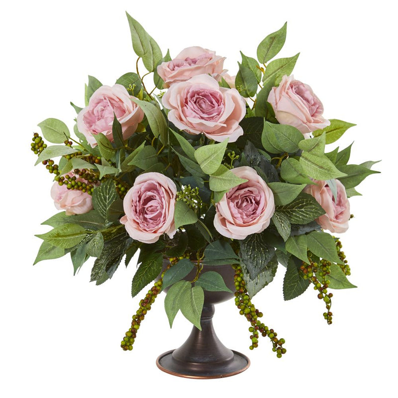 Roses and Mix Greens Artificial Arrangement in Metal Chalice Default Title