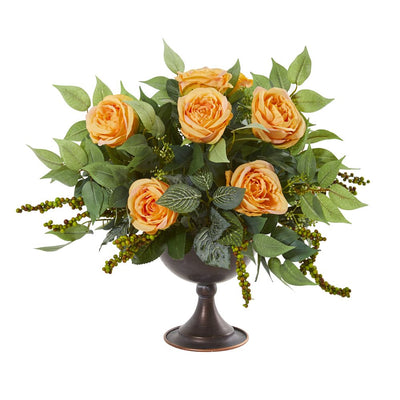 Roses and Mix Greens Artificial Arrangement in Metal Chalice Default Title