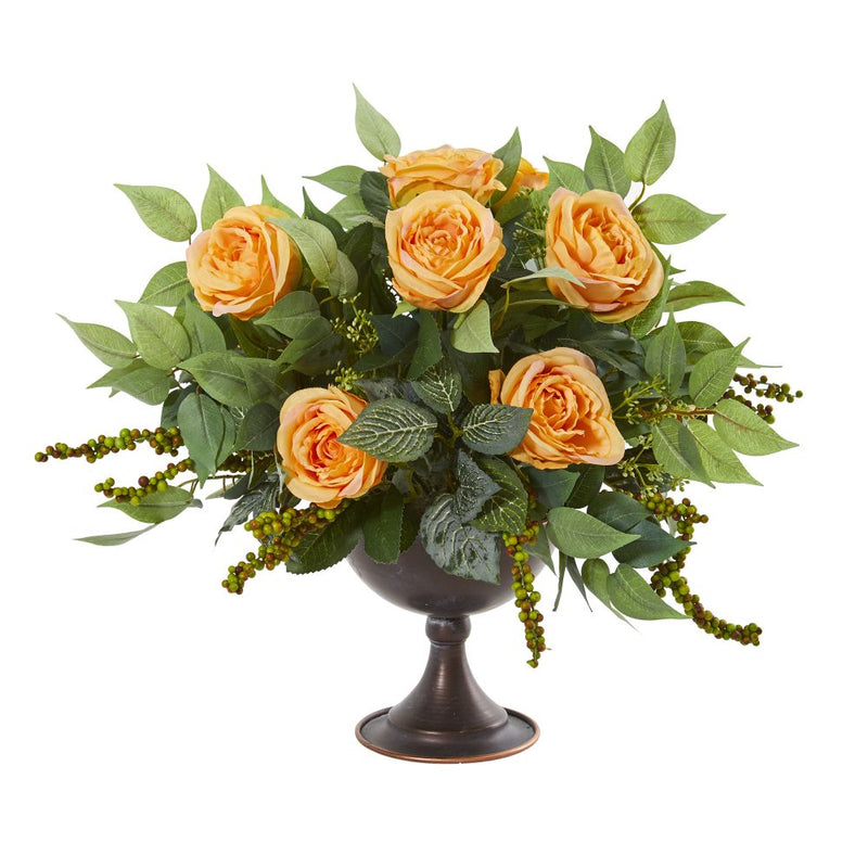 Roses and Mix Greens Artificial Arrangement in Metal Chalice Default Title