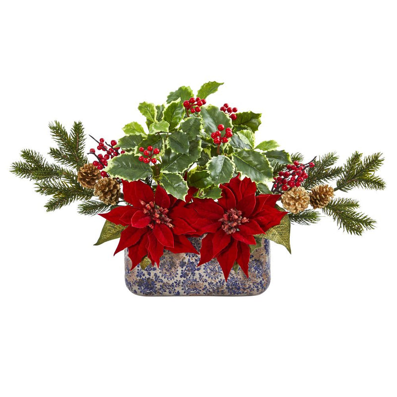 Poinsettia, Berry and Holly Artificial Arrangement in Vase Default Title