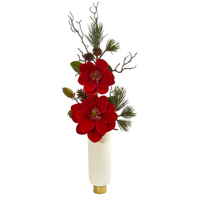 Magnolia and Pine Artificial Arrangement in White Vase Default Title