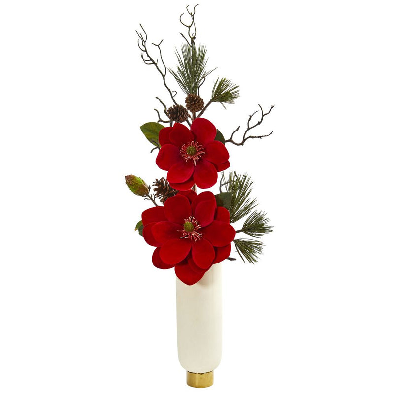 Magnolia and Pine Artificial Arrangement in White Vase Default Title