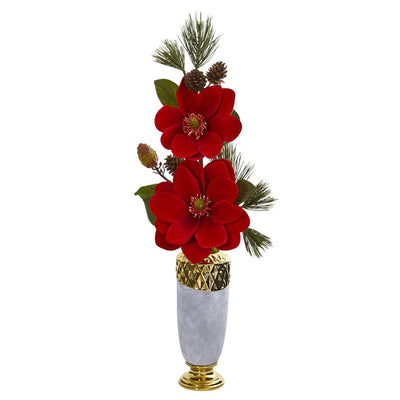 Magnolia and Pine Artificial Arrangement in Designer Vase Default Title