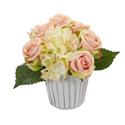 Rose and Hydrangea Bouquet Artificial in White and Silver Trimmed Vase Default Title