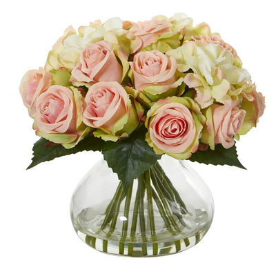 Rose and Hydrangea Artificial Arrangement in Glass Vase Default Title