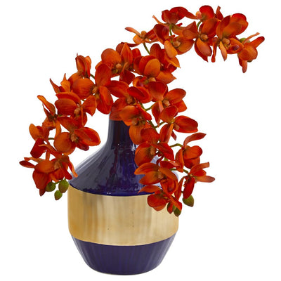 Phalaenopsis Orchid Artificial in Blue and Gold Designer Vase Default Title