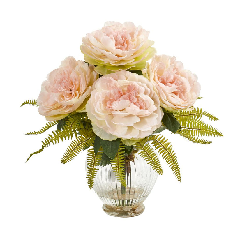 Peony and Fern Artificial Arrangement in Glass Vase Default Title