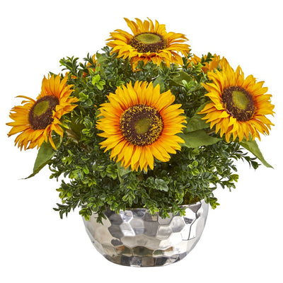 Sunflower Artificial Arrangement in Silver Vase Default Title