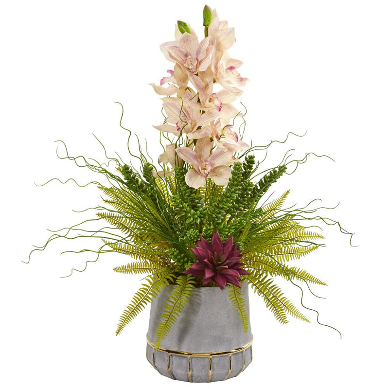 Cymbidium Orchid, Succulent and Grass Artificial Arrangement Default Title